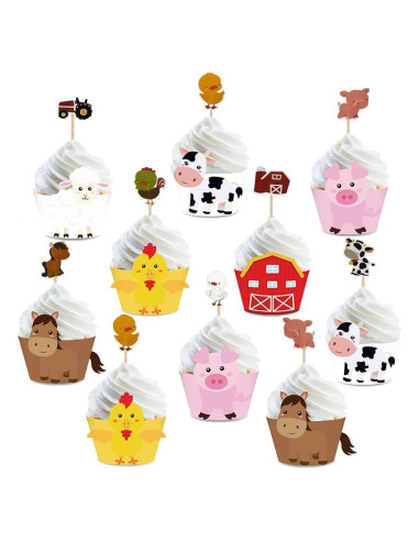 48 Fundas y Decoraciones de Cupcakes Animales de Granja