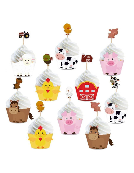 48 Fundas y Decoraciones de Cupcakes Animales de Granja