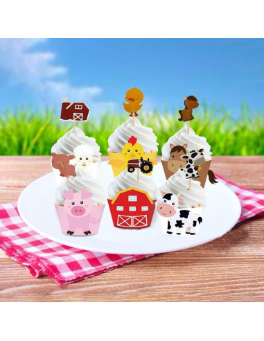 48 Fundas y Decoraciones de Cupcakes Animales de Granja