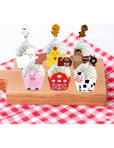 48 Fundas y Decoraciones de Cupcakes Animales de Granja