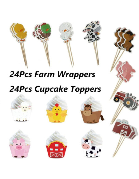 48 Fundas y Decoraciones de Cupcakes Animales de Granja