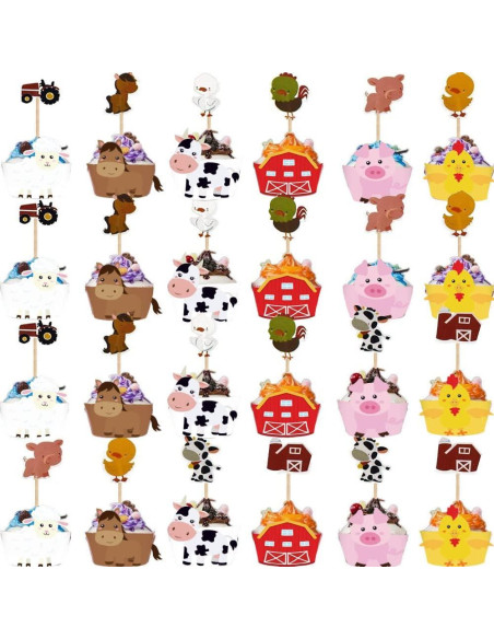 48 Fundas y Decoraciones de Cupcakes Animales de Granja