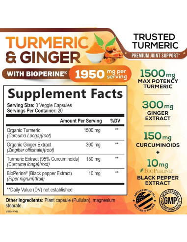 Suplemento de Cúrcuma y Curcumina 1950mg - Jengibre y BioPerine
