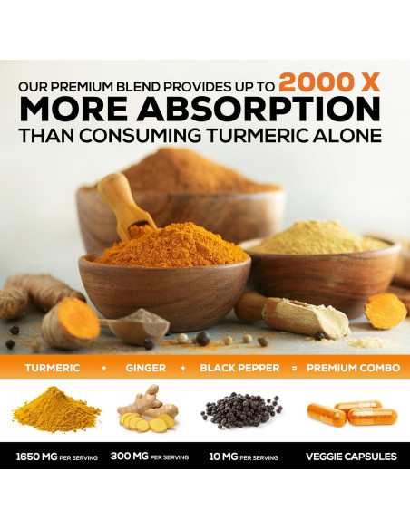 Suplemento de Cúrcuma y Curcumina 1950mg - Jengibre y BioPerine Suplemento de Cúrcuma y Curcumina 1950mg - Jengibre y BioPerine