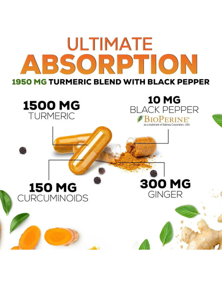Suplemento de Cúrcuma y Curcumina 1950mg - Jengibre y BioPerine Suplemento de Cúrcuma y Curcumina 1950mg - Jengibre y BioPerine