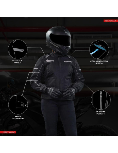 Chaqueta de Moto WD Vegas Lady Impermeable Ajustable Negro X-Pequeño