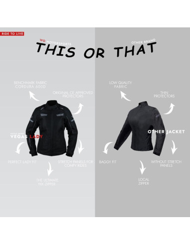 Chaqueta de Moto WD Vegas Lady Impermeable Ajustable Negro X-Pequeño