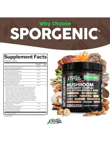 Suplemento de Champiñones Orgánicos Clean Nutra 90 Cápsulas
