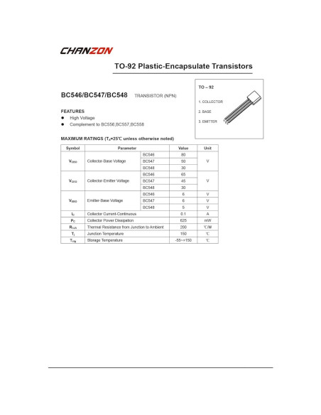Transistor NPN Chanzon BC547B TO-92 100 Piezas 0.625W