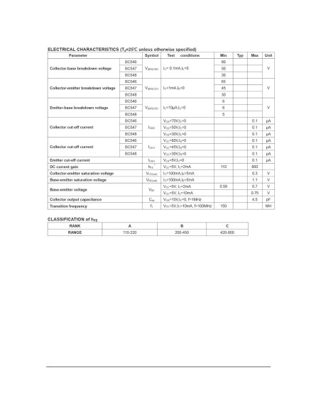 Transistor NPN Chanzon BC547B TO-92 100 Piezas 0.625W