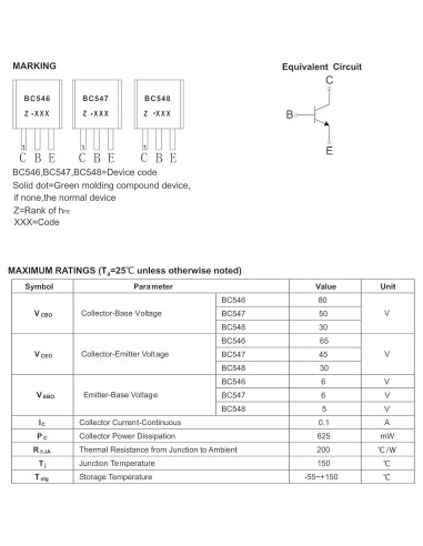 20 Transistores NPN BC547C TO-92 45V 100mA 625mW