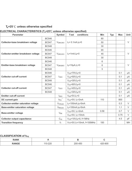 20 Transistores NPN BC547C TO-92 45V 100mA 625mW