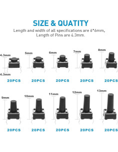 Interruptores Momentáneos QTEATAK 200 Pcs 4 Pines 6x6mm 2
