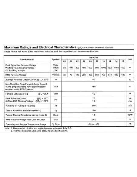 5 Diodos Rectificadores de Puente KBPC5010 50A 1000V 5 Diodos Rectificadores de Puente KBPC5010 50A 1000V