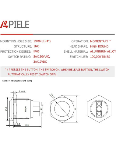 Interruptor Momentáneo APIELE 19mm 5A IP65 Carcasa Negra