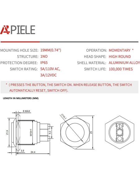 Interruptor Momentáneo APIELE 19mm 5A IP65 Carcasa Negra