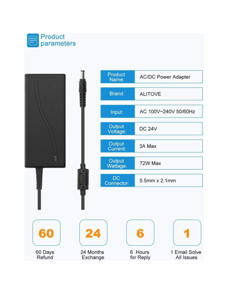 Adaptador de Corriente ALITOVE 24V 3A 72W para LED y CCTV