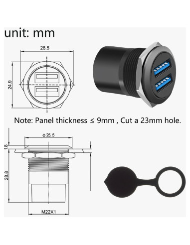 Adaptador de Montaje de Panel USB 3.0 EGOCHALLENGER Doble Negro