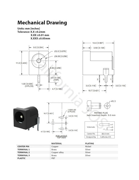Conector hembra 2.1mm California JOS - 5 PCS para PCB