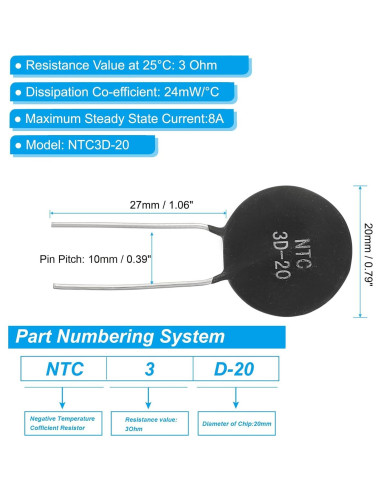 Termistores NTC 3 Ohm PATIKIL - 5 Piezas para Medición de Temperatura
