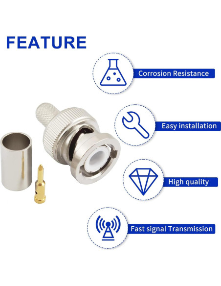 Conector BNC Macho Crimp 50 Ohm para Cable Coaxial RG8X - Paquete de 10