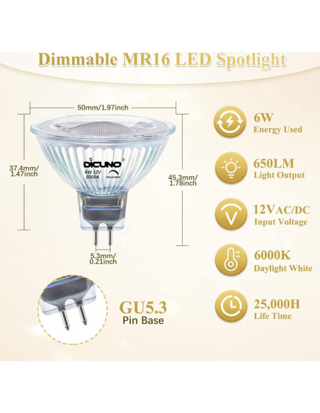 Bombilla LED DiCUNO MR16 regulable 6W 6000K GU5.3 Paquete de 10