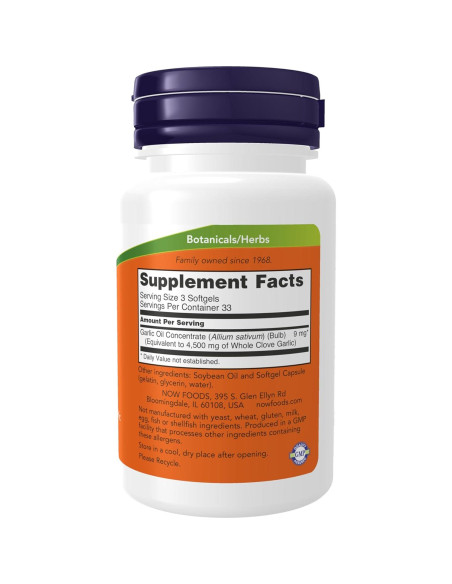 Suplemento NOW Foods Aceite de Ajo 1500 mg 100 Gelatinas Suplemento NOW Foods Aceite de Ajo 1500 mg 100 Gelatinas