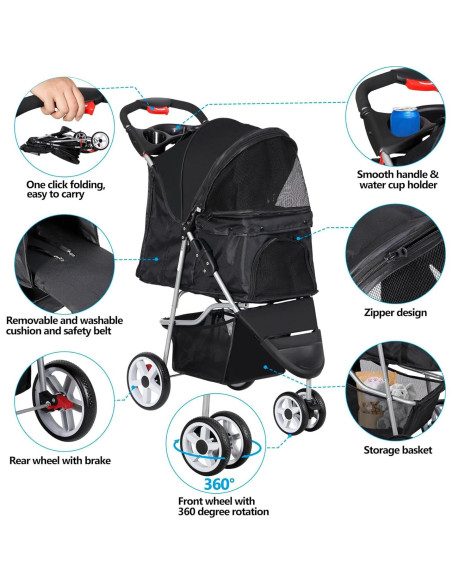 Carrito Plegable para Mascotas Pet Republic 3 Ruedas Negro