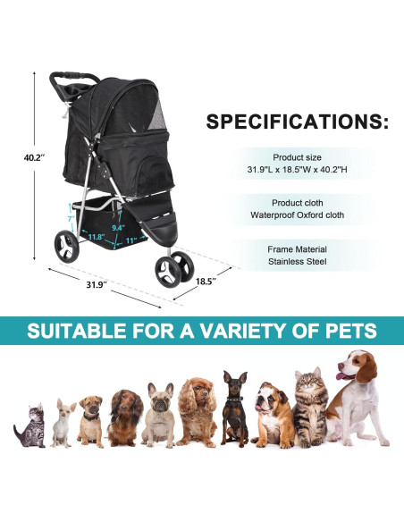 Carrito Plegable para Mascotas Pet Republic 3 Ruedas Negro