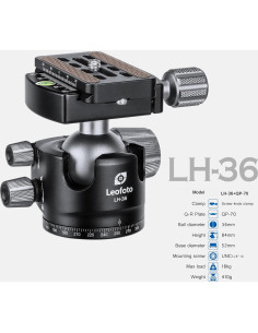 Cabezal de trípode Leofoto LH-36, 84mm, carga 18kg, QR 2