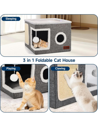 Casa para Gatos Shikha 3 en 1 Plegable Gris 42x42x32cm