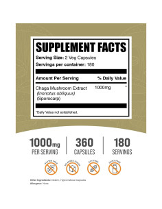 Cápsulas de Extracto de Hongo Chaga BulkSupplements 1000mg 360u 2