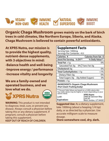 Polvo de Hongo Chaga Orgánico XPRS Nutra 113.4g - Superalimento