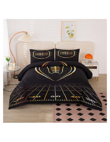Juego de Edredón Individual MWMWMW Fútbol Negro y Dorado 2 Piezas