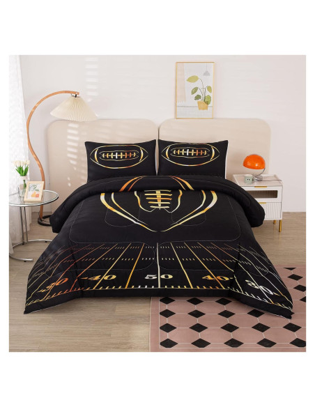 Juego de Edredón Individual MWMWMW Fútbol Negro y Dorado 2 Piezas