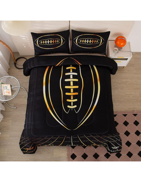 Juego de Edredón Individual MWMWMW Fútbol Negro y Dorado 2 Piezas