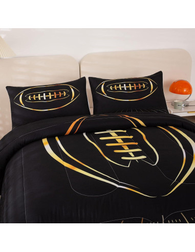 Juego de Edredón Individual MWMWMW Fútbol Negro y Dorado 2 Piezas