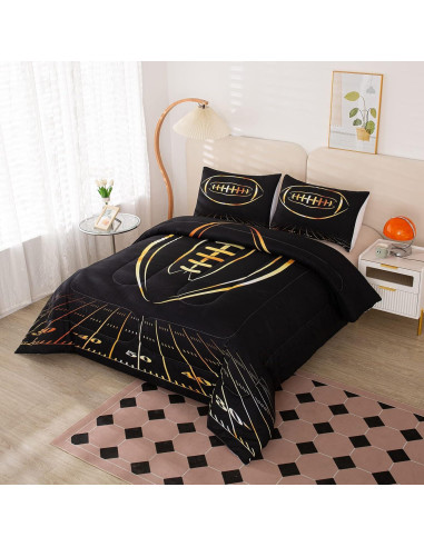 Juego de Edredón Individual MWMWMW Fútbol Negro y Dorado 2 Piezas