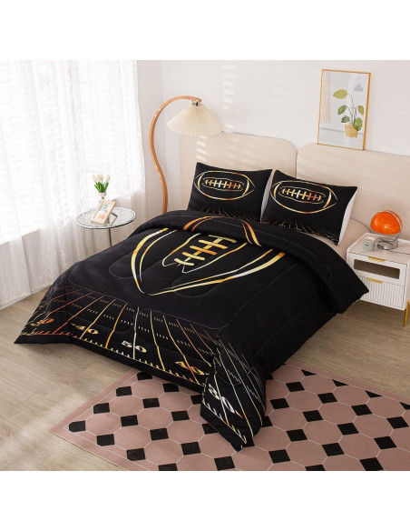 Juego de Edredón Individual MWMWMW Fútbol Negro y Dorado 2 Piezas