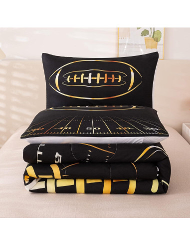 Juego de Edredón Individual MWMWMW Fútbol Negro y Dorado 2 Piezas
