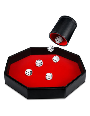Juego de Dados 8 Piezas con Bandeja de Cuero PU Rojo