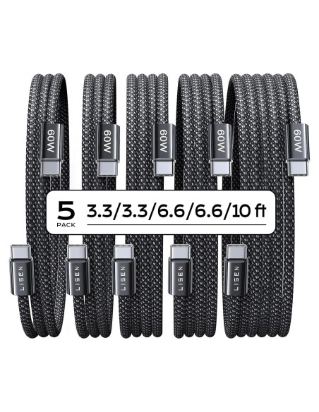 Cable USB C LISEN 60W Carga Rápida Paquete de 5 (1-3m)