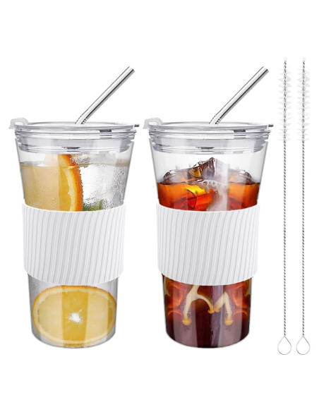 Juego de 2 Vasos de Vidrio Kftamoetly 16 oz con Tapas y Pajitas