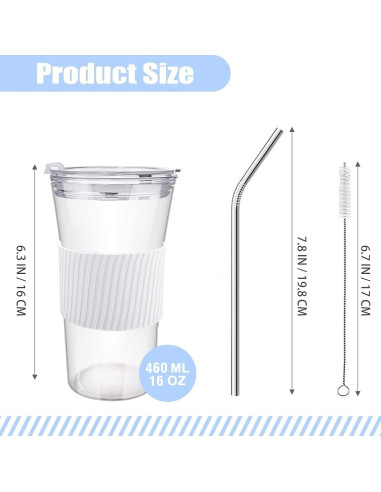 Juego de 2 Vasos de Vidrio Kftamoetly 16 oz con Tapas y Pajitas