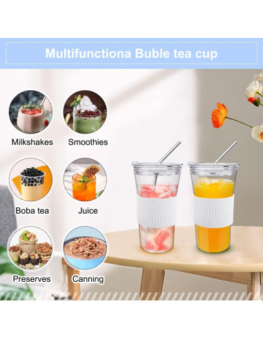 Juego de 2 Vasos de Vidrio Kftamoetly 16 oz con Tapas y Pajitas