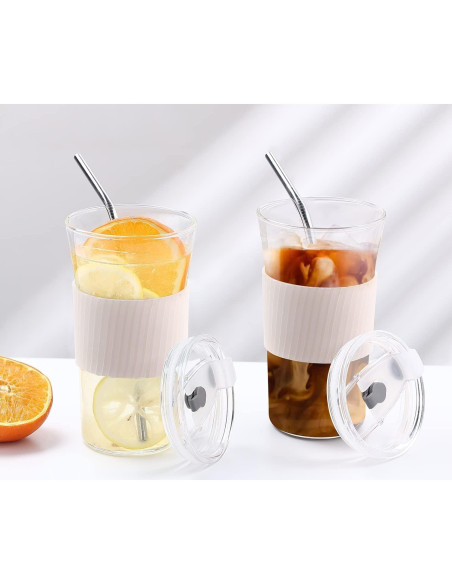 Juego de 2 Vasos de Vidrio Kftamoetly 16 oz con Tapas y Pajitas