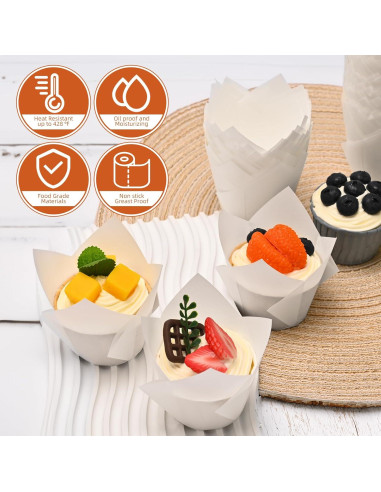 200 Forros de Cupcake Tulipán Blanco JIRNGLA - Papel Parchment