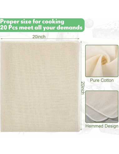 20 Paños de Queso Reutilizables Chumia 50x50 cm Algodón Sin Blanquear