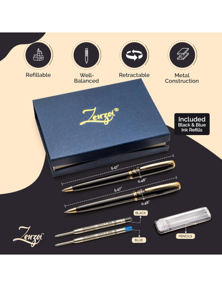 Conjunto de Pluma y Lápiz ZenZoi - Metal, 0.7mm, Negro
