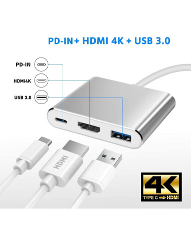 Adaptador USB C a HDMI Battony 4K 3 en 1 Plata